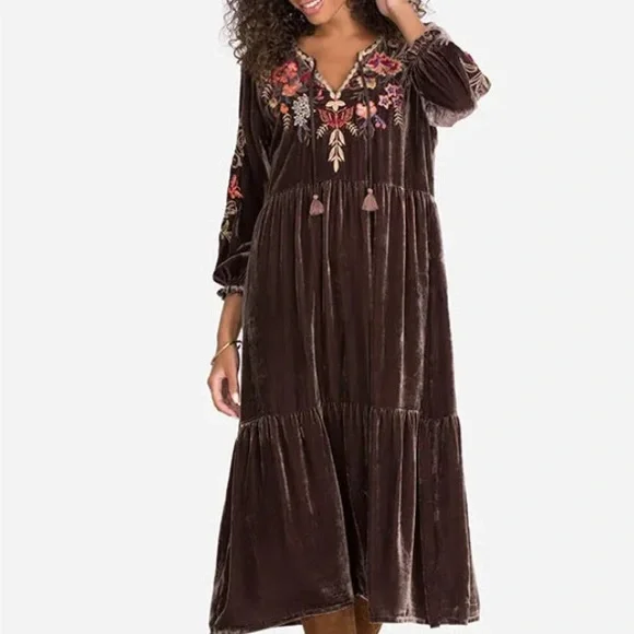 Johnny Was Brown Velvet Long Sleeve Dress with Floral Embroidery - Picture 6 of 8
